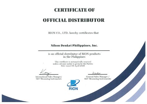 Certificate Of Authorized Distributorship Nihon Denkei Philippines Inc