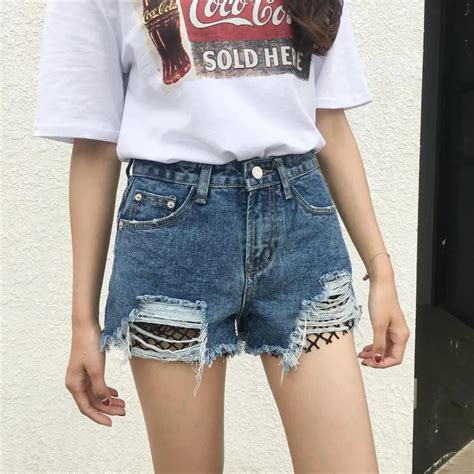 2018 Summer High Waist Hole Sex Denim Shorts Women Mesh Stitching