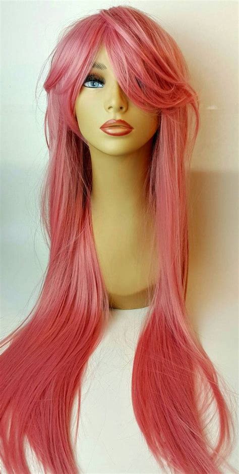 Long Pink Wig With Long Sweeping Bangs Long Pink Wig Pink Wig Wig