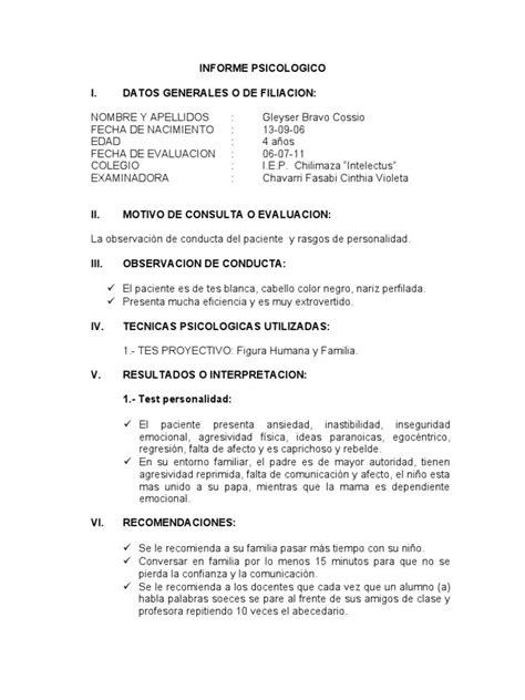 Observacion De Conducta Informe Psicologico Ejemplo Ejemplo Sencillo