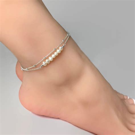 Pearl Anklet Double Chain Sterling Silver Anklet Satellite Chain Ank