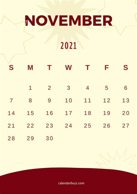 November 2021 Monthly Printable Calendar In Maroon Theme Layout