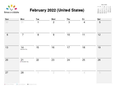 Printable Monthly Calendar — United States — February 2022