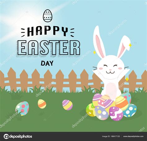 Happy Easter Greeting Cardcute Bunny With Colorful Easter Eggs Stock