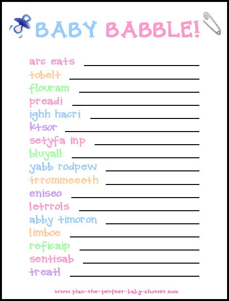 Free Printable Baby Shower Word Scramble Game