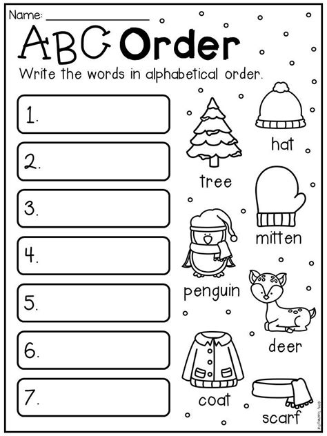 Winter Math and Literacy Worksheet Pack - First Grade | Abc order