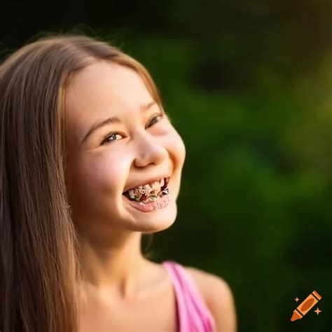 a cheerful girl showing off her braces with a big smile