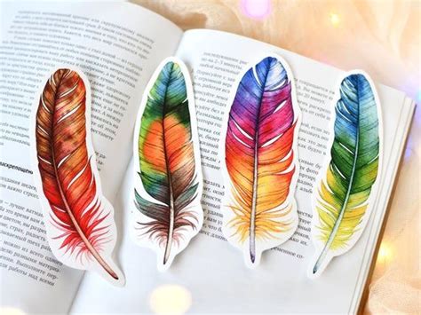 Feather Bookmark Set Of Watercolor Rainbow Fantasy Bird Etsy Watercolor Bookmarks