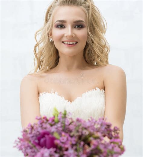 Gorgeous Young Bride With Nice Bouquet Portrait Stock Photo Image Of