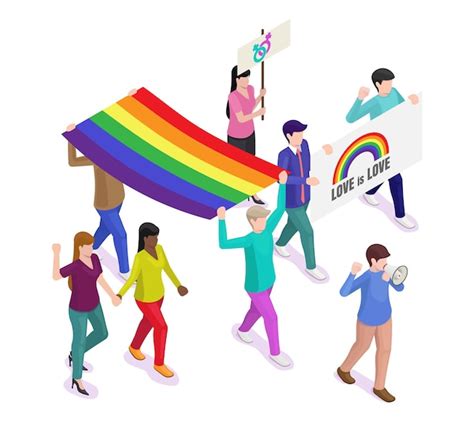 Premium Vector Lgbt Pride Parade Vector Isometric Illustration People Holding Rainbow Flag
