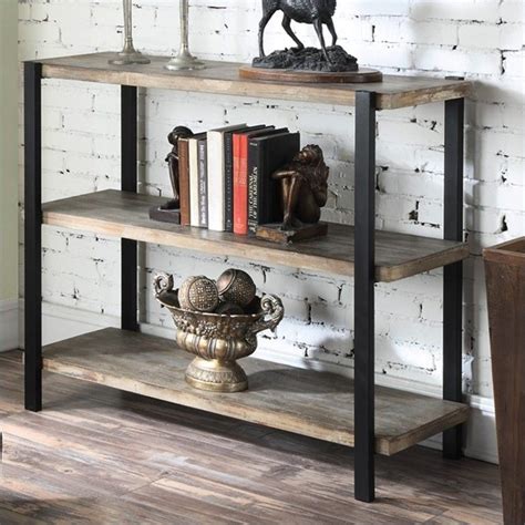 Wyoming 3 Tier Console Bookcase In Matte Black Metal And Gray Wood