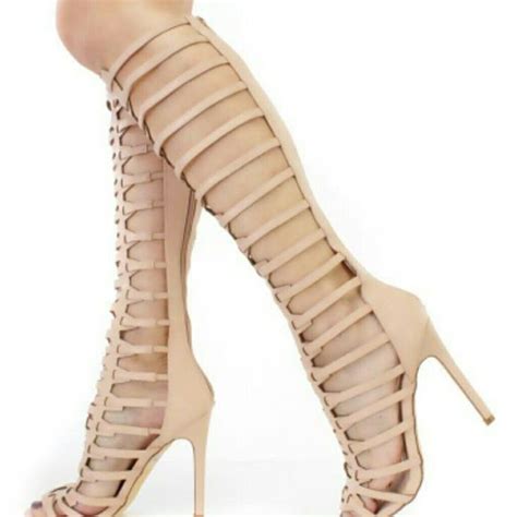 New Nude Knee High Boots Nude P U Leather Cutout Knee High Boots In