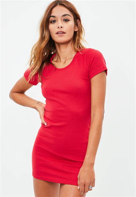 Lyst Missguided Red Short Sleeve Ribbed Mini Dress In Red
