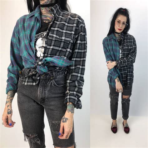 Remade Split Vintage 2 Tone Flannel Medium Green Black 90s Grunge