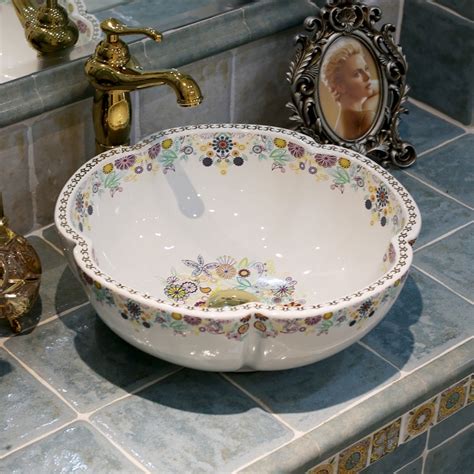 Flowers Shape Europe Vintage Style Countertop Wash Basin Sink Handmade White Ceramic Bathroom