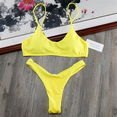 melphieer yellow strappy bandage brazilian push up bikini set solid swimwear swim bathing suit