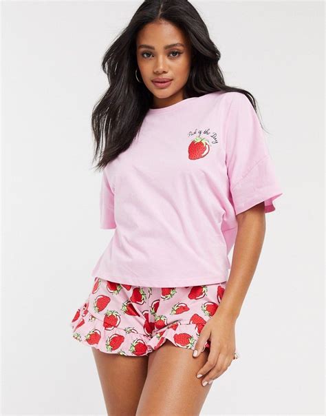 ASOS DESIGN Pick Of The Day Strawberry Tee Short Pajama Set In Pink