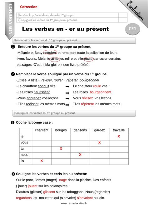 Verbes en er au présent Evaluation Bilan CE1 Correction par pass