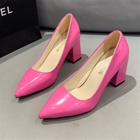 women s high heels shoes spring summer candy colors pu leather chunky heel female pumps pointed