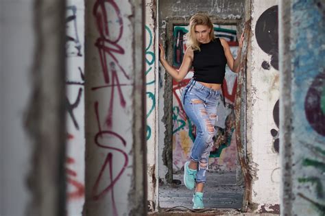 Ripped Clothes Blonde Standing Women Torn Jeans Black Tops 1080p