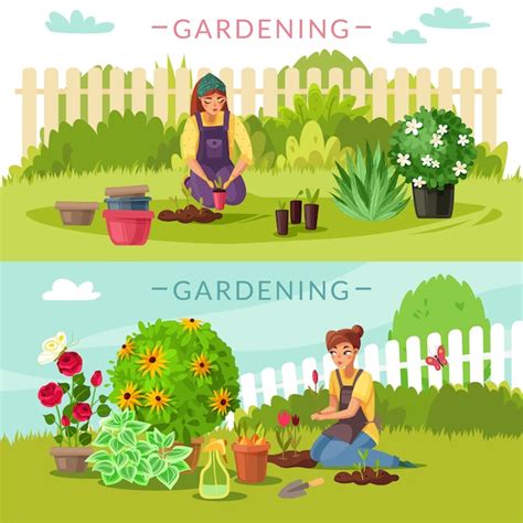 Premium Vector Gardening Cartoon Horizontal Banners Set