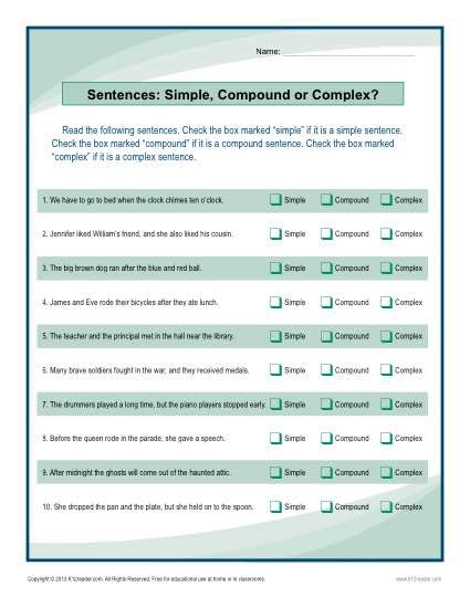 Simple Compound And Complex Sentences Worksheet With Answers