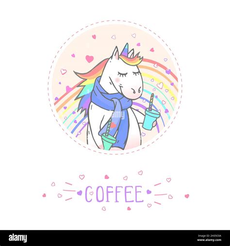 Vector Sticker Or Icon With Hand Drawn Cute Unicorn In Scarf And Text