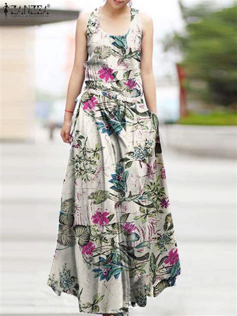 2022 Zanzea Summer Vintage Floral Printed Long Dress Women Sleeveless Bohemian Holiday Sundress