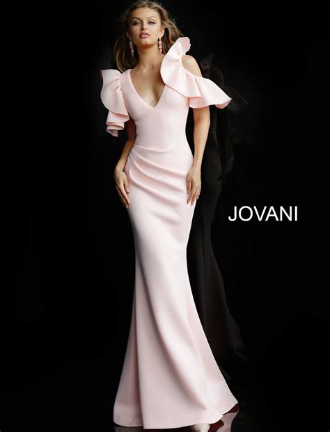 Jovani 62246 Blush Ruffle Sleeves V Neck Evening Dress Evening