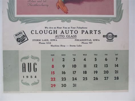 1954 Calendar August
