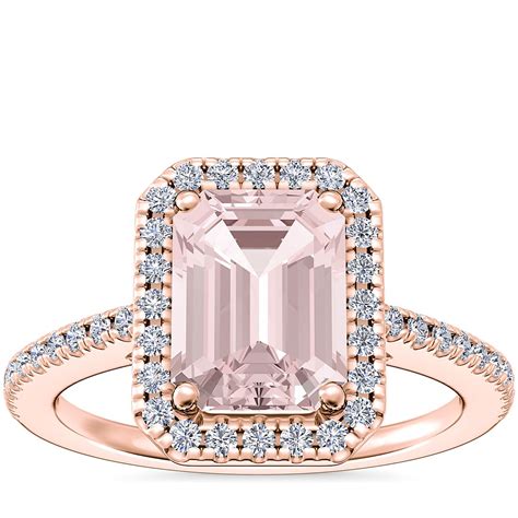 Classic Halo Diamond Engagement Ring With Emerald Cut Morganite In 14k