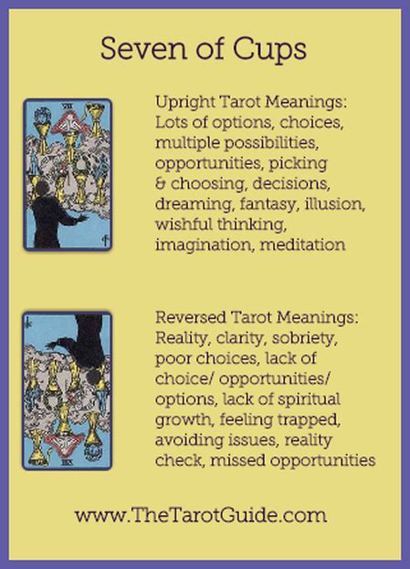 Behind the male figure, a flaming tree represents knowledge, passion. Seven of Cups Tarot Flashcard showing the best keyword meanings for the upright & reversed card ...