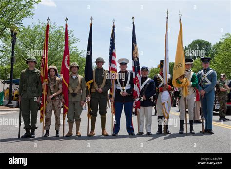 Us Military Color Guard In Period Correct Uniforms From Major Wartimes