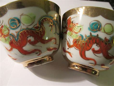 Vintage Gilded Chinese Porcelain Tea Cups Of Dragon And Phoenix Set From Eurasian Collectibles