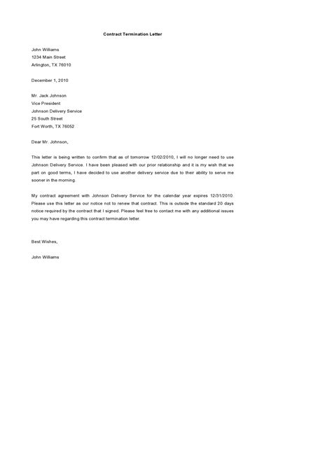 Sample Legal Contract Termination Letter For
