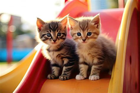 Cute Little Kitten Cats That Playing Together At Playground With