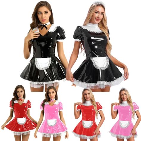 Womens Adult Pvc Leather French Maid Ruffles Dress Outfits Apron Fancy