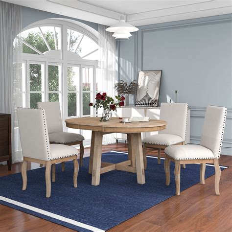 Buy 5 Piece Farmhouse Extendable Round Dining Table And Upholstered