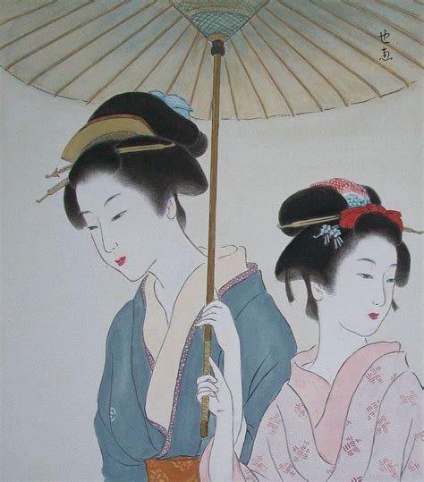 Vintage Japanese Watercolor Painting Of Two Geisha With Umbrella 20th