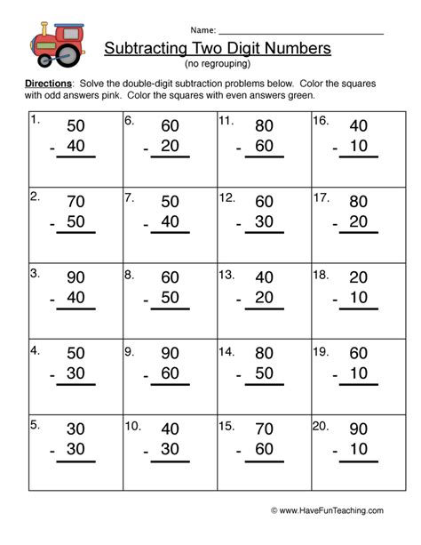 Double Digit Subtraction Without Regrouping Worksheet Tens By Teach
