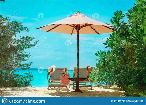 Two Beach Chairs On Tropical Vacation Relax At Sea Stock Image Image