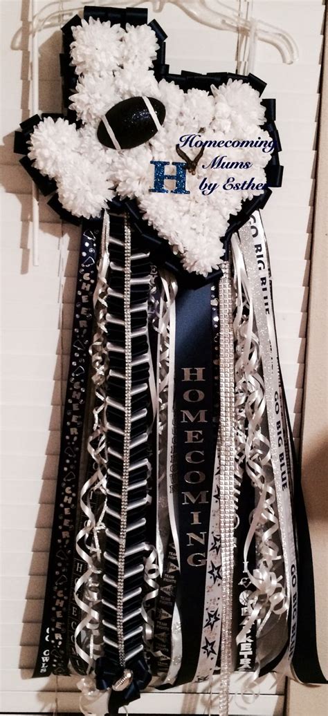 Texas Shape Homecoming Mum Navy And White With Ribbons Galore