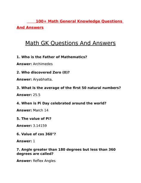 100 Maths General Knowledge Questions And Answers When Is Pi Day