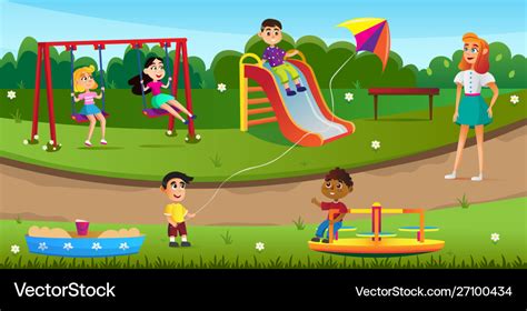 Happy Children Playing On Playground In Park Vector Image