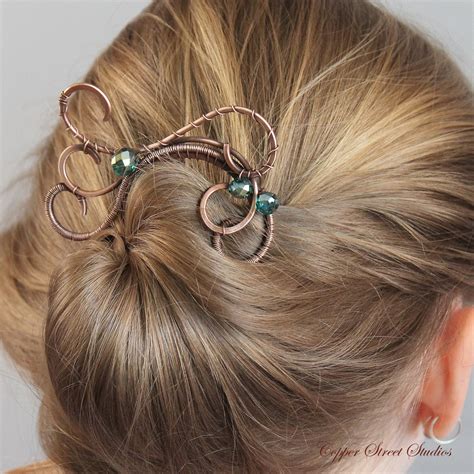 Hair Fork Copper Hair Pin Wire Wrapped Hair Stick With Teal