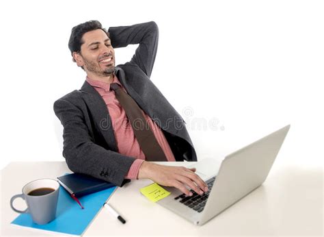 Businessman Leaning On Chair Working At Office Computer Laptop Looking
