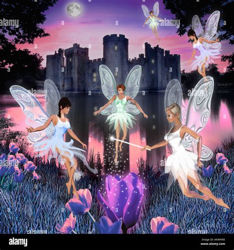 Fairies Dancing Hovering In Air At Night With Castle Behind Twilight