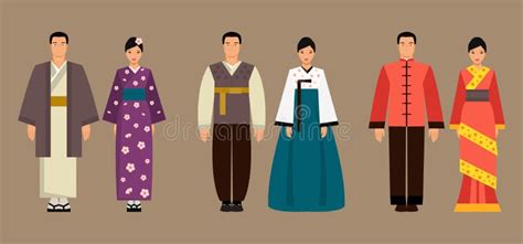 Asian Men And Women In National Costumes Vector Illustration Stock