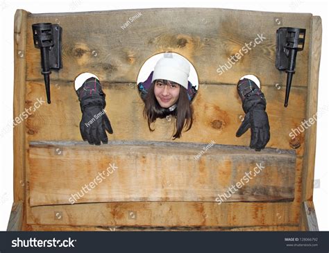Young Girl Trapped Medieval Torture Device Stock Photo 128066792