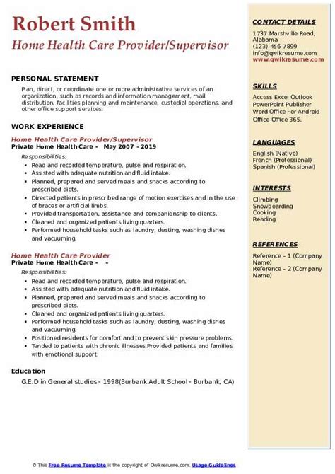 Home Health Care Provider Resume Samples Qwikresume